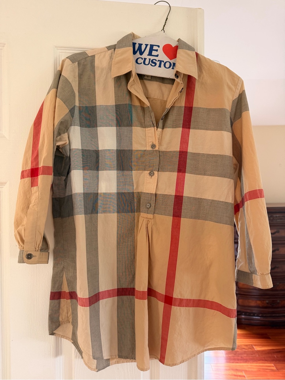 Burberry Beige Plaid Shirt Jacket with Red and Gray Stripes
